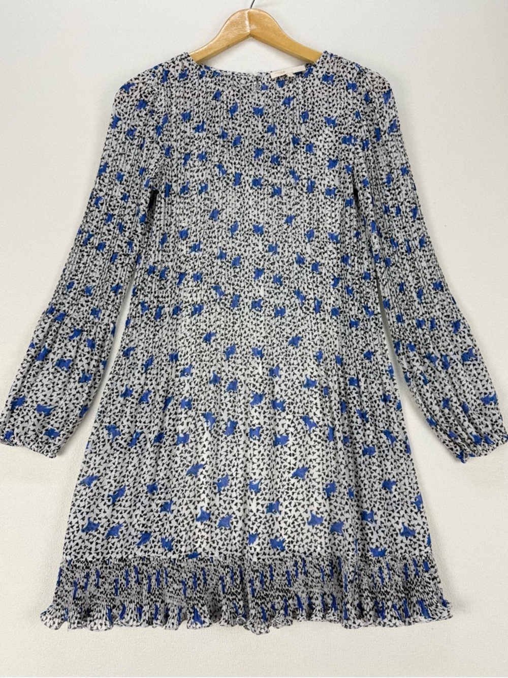 Maje Pleated Mini Dress Blue Floral Smocked Romantic French Girl Boho Size 34